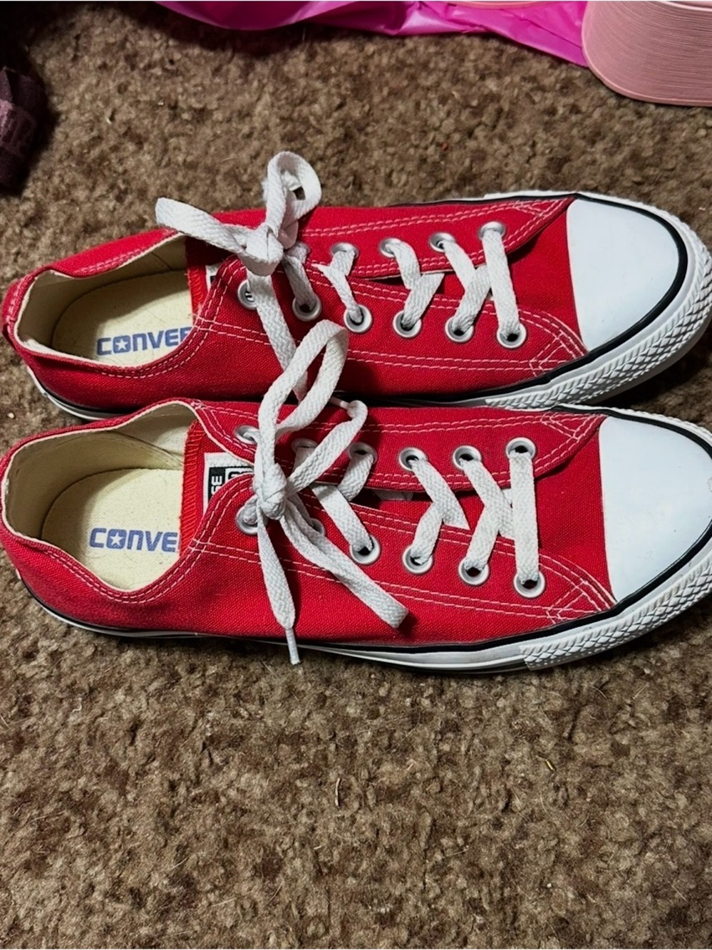 Converse women’s size 9 Red Low-Top Canvas Sneakers with White Accents - Picture 2 of 2